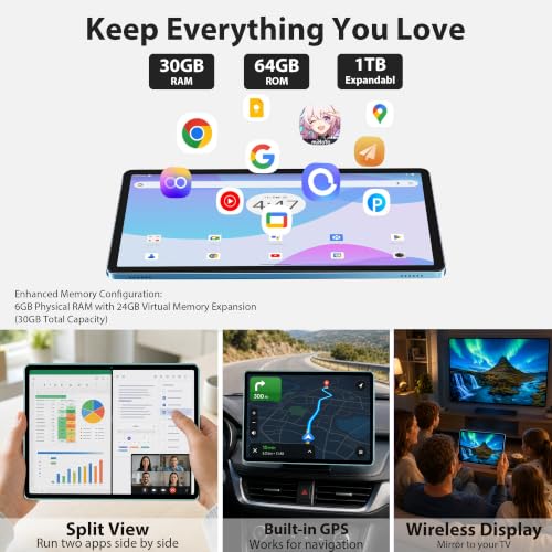 Image of 10.1 inch Android 16 Tablet with Keyboard, 30GB +64GB, 2-in-1 Tablet | Octa-Core, 1280x800 IPS HD Touchscreen, 6000mAh, 1TB Expand, Dual Camera, Widevine L1, 5G WiFi, BT5.0, GPS, Eye Care, Blue