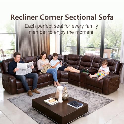 Image of Power Recliner Sectional Sofa with LED Light for Living Room, Dark Brown Leather Reclining Sofa Corner Sectional Couches Set, Cup Holder, Storage Console for Home Theater Seating