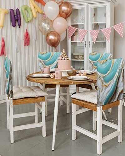 Teal Grey Marble Chair Covers Set Of 4 For Dining Room, Modern Abstract Ink Painted Yellow Chair Back Cover Removable Kitchen Chair Slipcovers Seat Protector For Party Banquet Christmas Decorations #TOP2