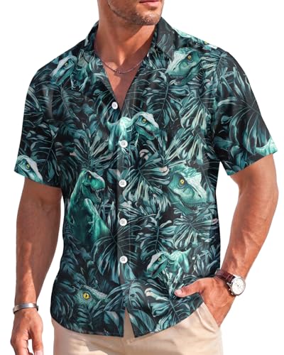 Mens Hawaiian Button Down Shirt Tropical Aloha Shirt for Men Lightweight Stretch Short Sleeve Beach Resort Wear Tropical Dinosaur