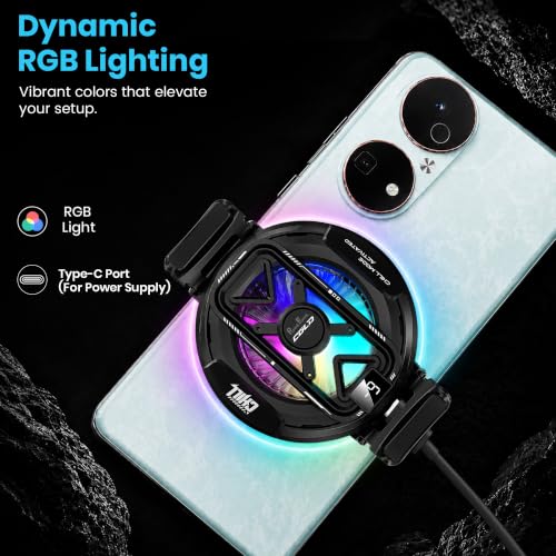 Image of PunnkFunnk Phone Cooler for Gaming, 5000 RPM 7-Blade Fan, RGB Light, Semiconductor Cooling Chip, Type-C Powered, LED Display, Clamp Mount Mobile Cooling Fan for Android & iOS (Black Lite)