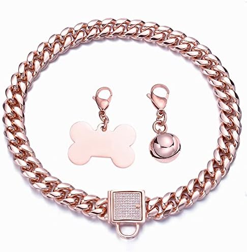 RUMYPET Rose Gold Chain Dog Collar 10MM/14MM Cuban Link Dog Collar Chew Proof Stainless Steel Chain Collar for Small Medium Large Dogs 10-26Inch(14mm,10inch)