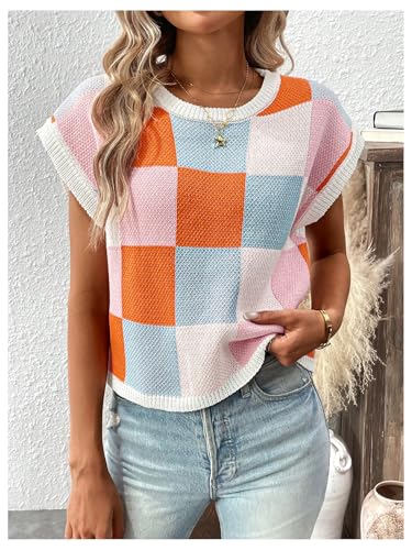 SHENHE Women's Cap Sleeve Knit Tops Summer Crewneck Short Sleeve Pullover Sweater Vest Color Block Crop T Shirts4