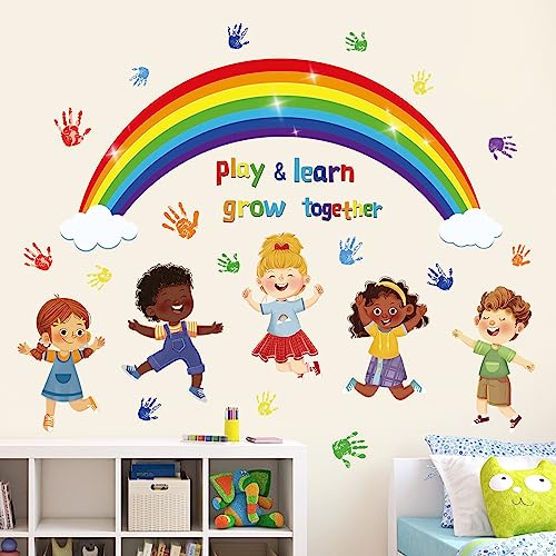 wondever Kids Classroom Wall Stickers Rainbow Handprint Diversity Equality Inspirational Quotes Peel and Stick Wall Art Decals for School Classroom Kids Room