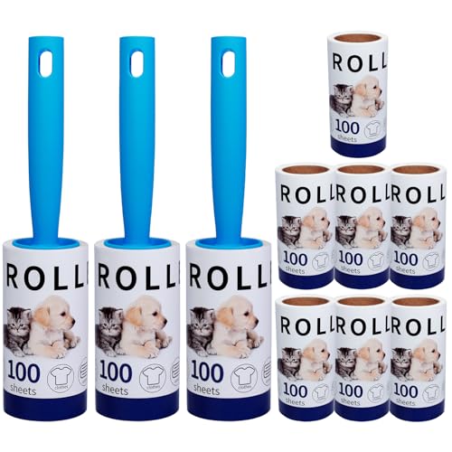 Brosse Anti Poils Animaux Mega Value Lot de 1000 Feuilles, Rouleau Super adhésive pour Poils Animaux, Brosse Vetement Anti Poils (10 Rouleaux avec 3...