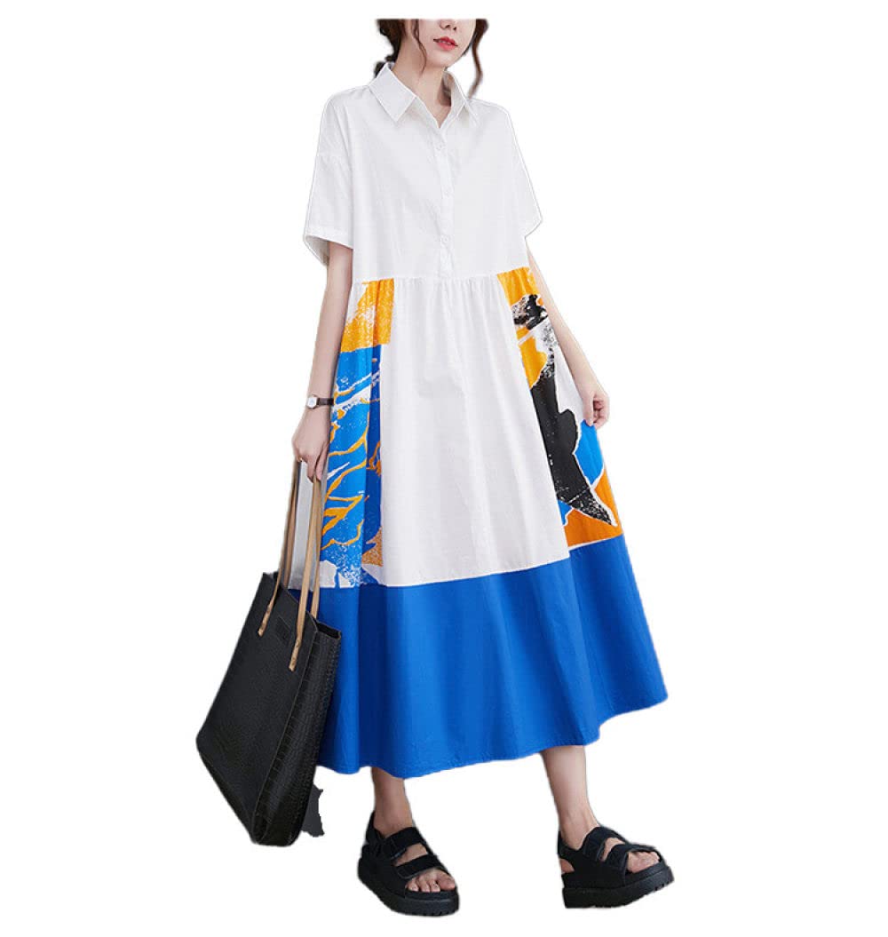 Robe Bohème, Femmes Décontractées Robes Lâches Bouton De Col De Chemise Patchwork Vintage Blanc Manches Courtes Maxi Robe Été Fête Tous Les Jours Plage Décontracté Balançoire Robe Mi-Longue