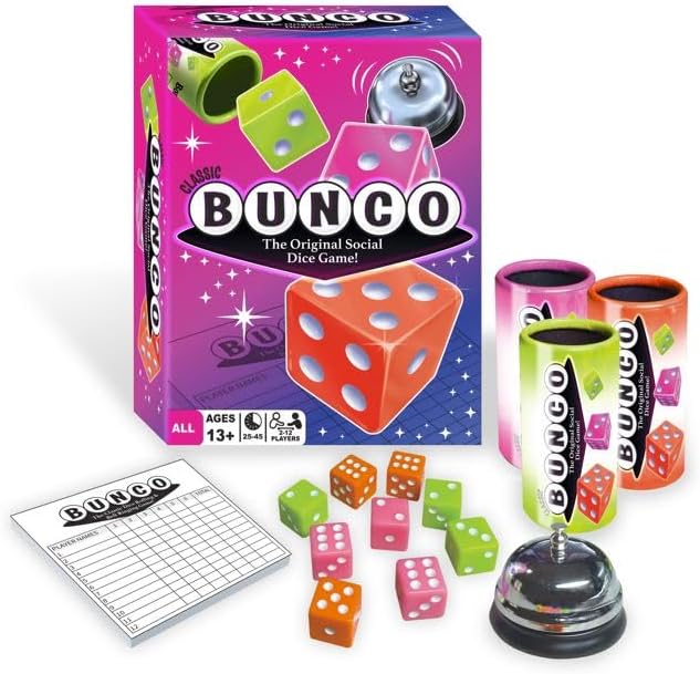 - Continuum Games Retro Bunco Game Kit Party Box for Ladies Night 2-12 Players 3 Sets of Bunco Dice, Bell, and Score Pad for Game Night