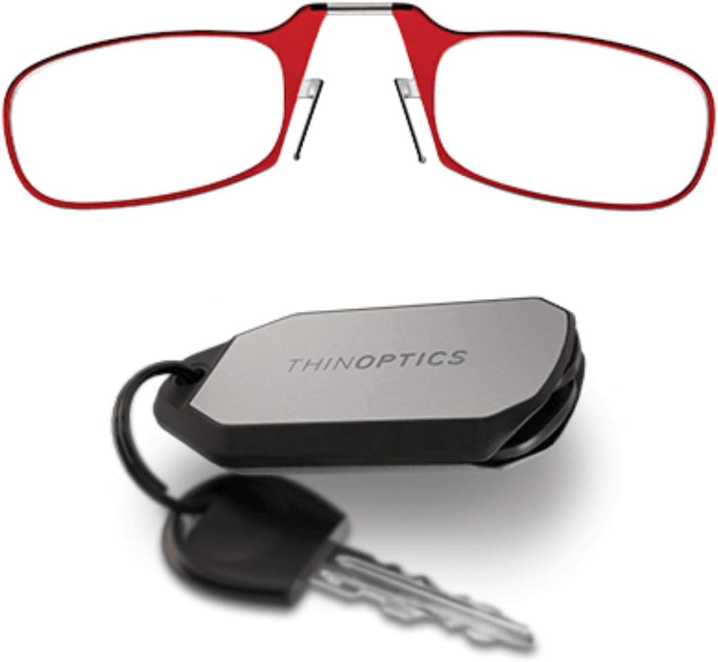 ThinOptics Keychain Case + Rectangular Reading Glasses, Red, 44 mm + 2