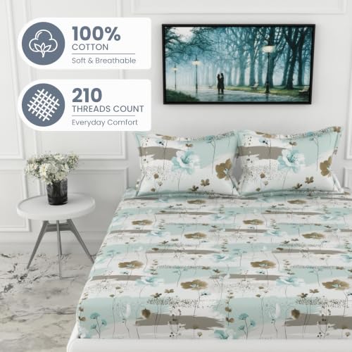 Image of LORETO - A QUALITY LINEN BRAND 210 TC 100% Pure Cotton King Size Fitted Bedsheet with 2 Pillow Covers for 78 x 72 Inch Mattress, All-Around Elastic, 8 Inch Deep Pocket, Light Green & Beige