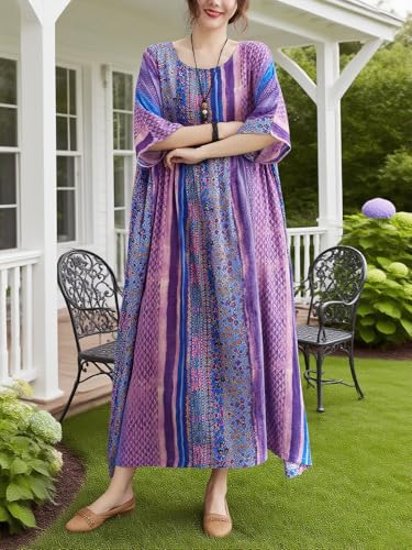 Women Summer Dress with Pockets Plus Size Boho Floral Print Round Neck Loose Casual Purple Flowy Dress4