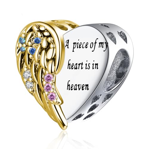 LuxglitterLin Abalorio de corazón con ala de ángel grabado 'A Piece of My Heart is in Heaven', compatible con pulseras Pandora, regalo de recuerdo amoroso, Cobre, Sin piedra preciosa