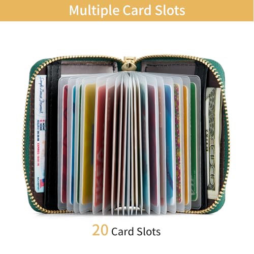 Image of WOZEAH Leather Credit Card Holder for Women Wallet RFID Blocking Zipper Wallet Card Case Business(Green)