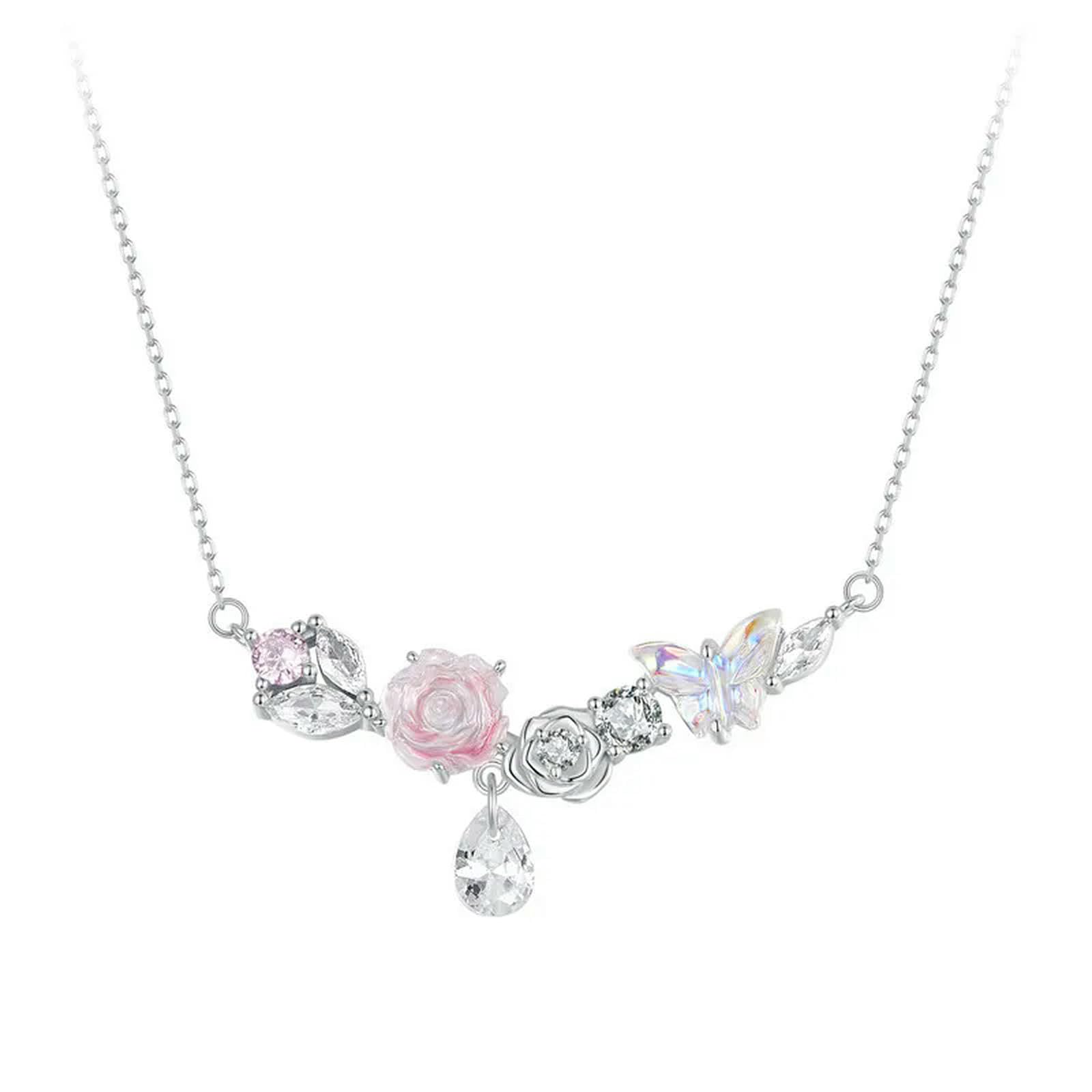 Collana Con Fiore Romantico In Argento Sterling 925, Catena A Farfalla Fantasy Per Donna, Regalo Di Alta Gioielleria Per San Valentino