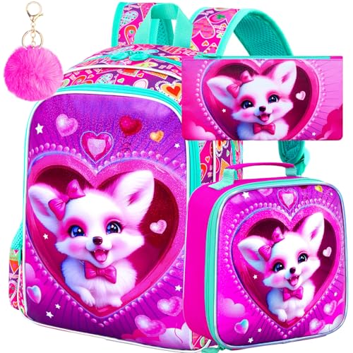 Image of 3Pcs Fox Backpack for Girls, 16 inch Kids Bookbag with Lunch Box, School Backpacks Set for Elementary Preschool Kindergarten(Pink)