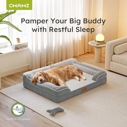 Image of CWAWZ Jumbo Dog Beds for Extra Large Dogs, Orthopedic Dog Bed with Cooling Gel Memory Foam, Waterproof Pet Bed with Removable Washable Cover, 45 inch Pet Sofa Couch Velvet with Bone Toy, Light Gray
