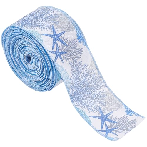 GORGECRAFT 9m di Nastro con Bordo Metallico Blu Estivo Corallo Stelle Marine Nastro Artigianale Larghezza 6.3cm Nastro Artigianale in Tessuto Grosgrain per Ghirlande Fiocchi Fai da Te per Feste