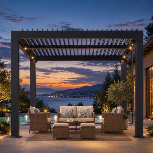 Image of 10X10 FT Louvered Pergola with Adjustable Roof, Integrated Drainage System, Easy Installation, Outdoor Pergola for Backyard, Garden, Poolside, Hardtop Gazebo