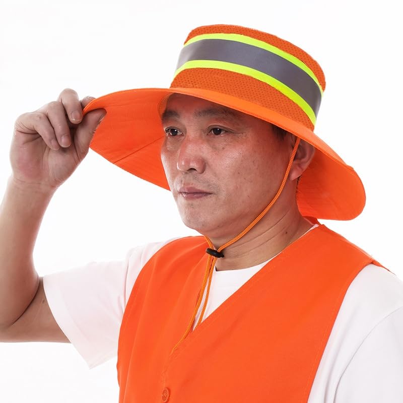 Image of Unisex High Visibility Reflective Bucket Hat Mesh Wide Brim Work Safety Boonie Hat Sun Protection Packable Sun Cap Bucket Cap