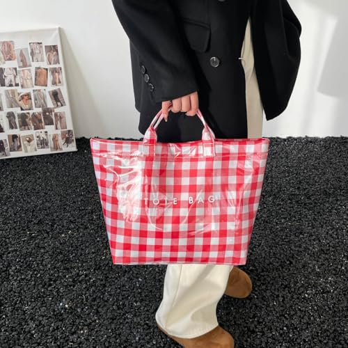 Image of Lushandy Striped PVC Tote Bag for Women, Waterproof Plastic Tote Bag for Beach Pool Large Top Handle Travel Hobo Handbag | Waterproof Material