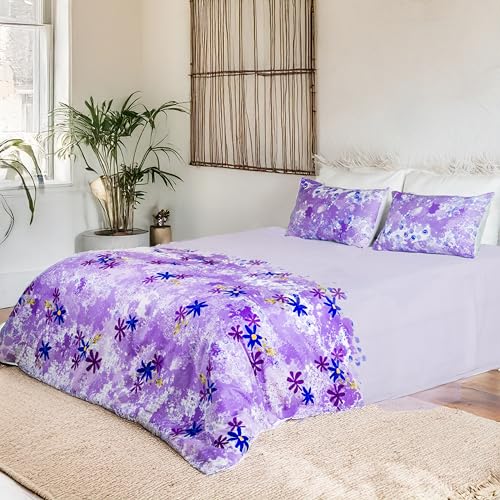 Image of Digitally Printed with Reactive Ink Tech | 300 TC 100% Organic Cotton Queen Premium Bedsheet Set | Ultra-Soft Satin-Like Finish | Floral Purple Paradise