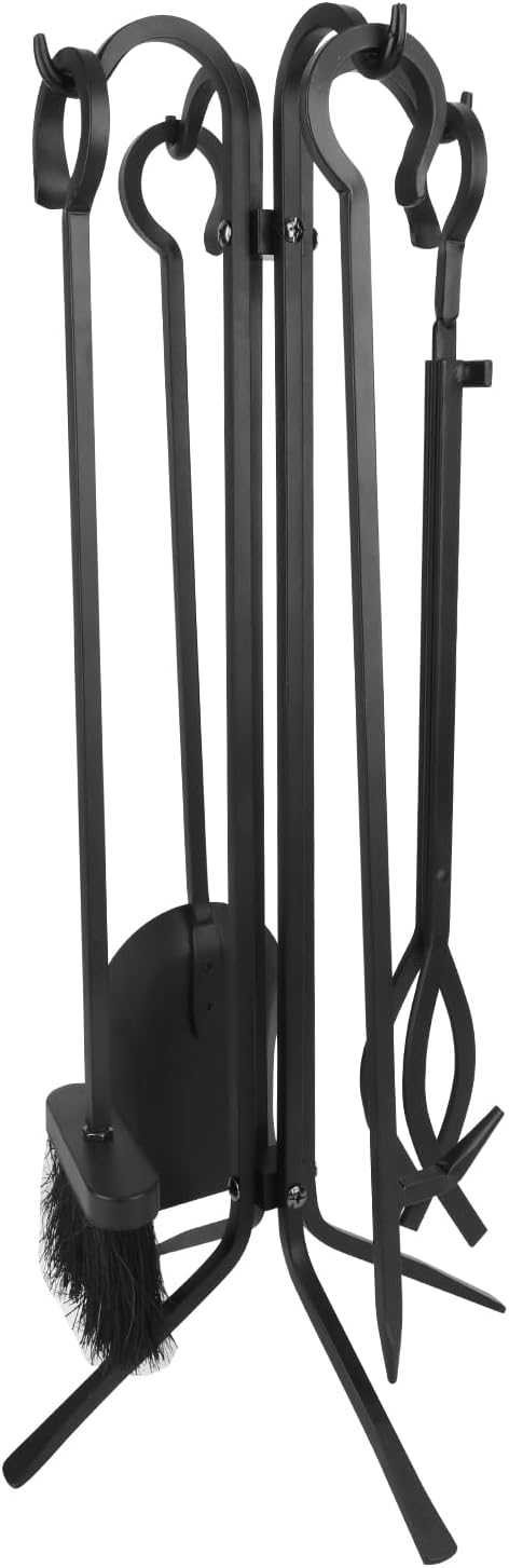 Fireplace Tools 5-Piece Heavy Duty Black Set, Fire Place Set Tools for Indoor & Outdoor Use - Ideal Holiday Housewarming Gift