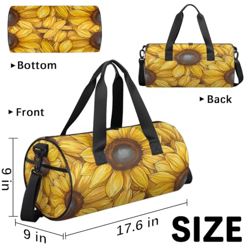 Sunflower Petals Round Barrel Sports Fitness Bag, Yellow Travel Luggage Bag, Reusable Handbag, Suitable For Men and Women3