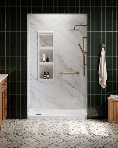 Image of HOROW 48 inch x 32 inch Shower Base, Left Drain Shower Pan, Low Profile Acrylic Base with Reinforced Fiberglass, Non-Slip Surface, Stainless Steel Drain Cover, Leak-Resistant for Bathroom
