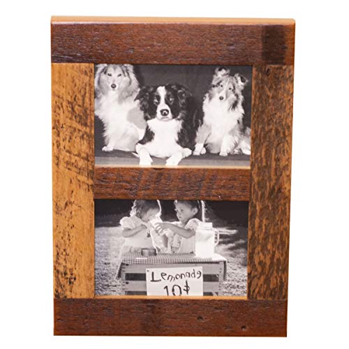 Image of Rustic Wooden Collage Picture Frame, Wood Multi Photo Holder for Wall, Horizontal and Vertical Display, Reclaimed Barnwood, 2 Openings each 5x7