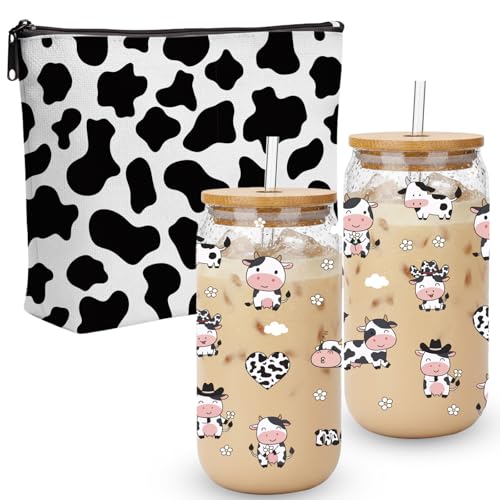 Clover Cow Print Glass Cup 16oz with Straw & Bamboo Lid Set