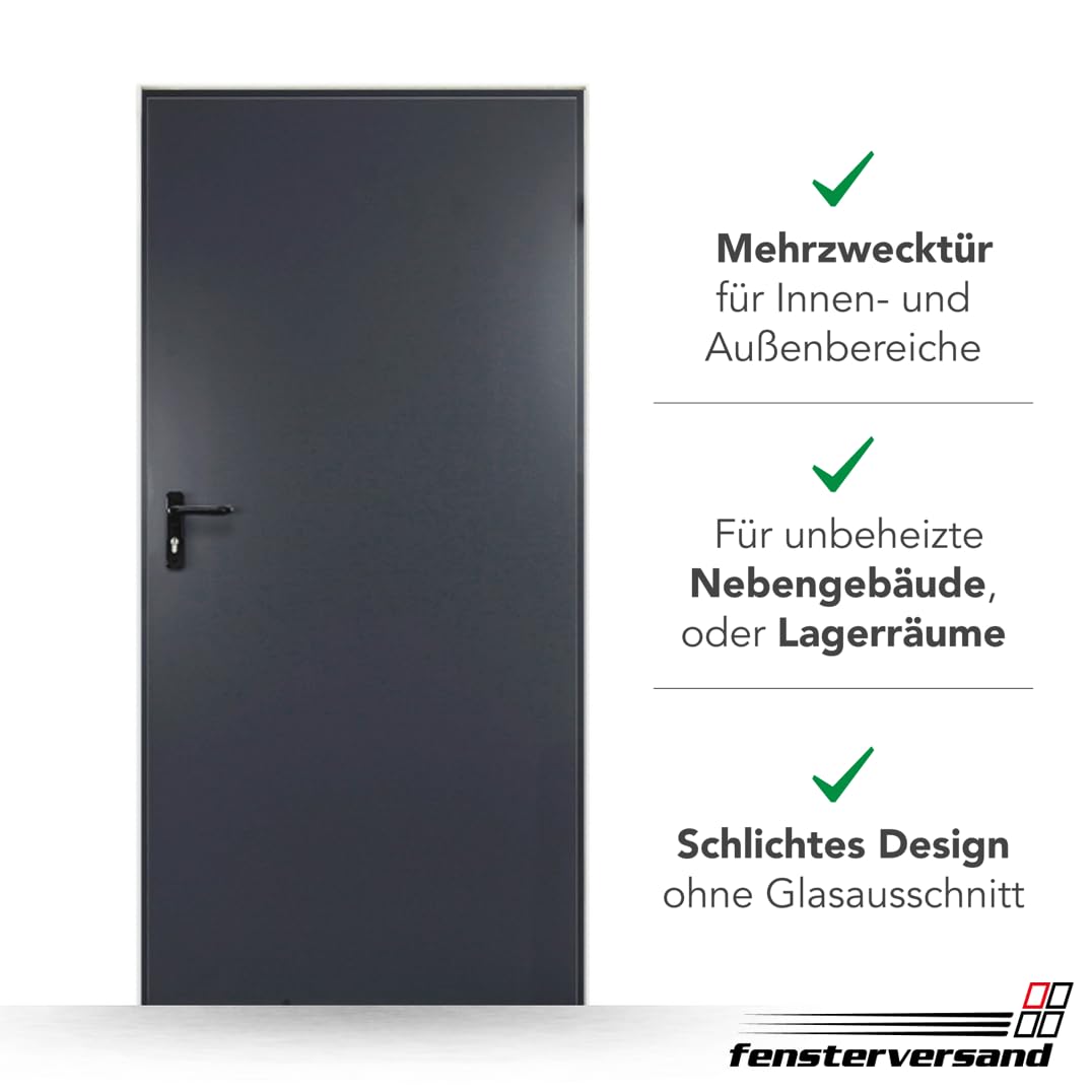FENSTERVERSAND - Nebeneingangstür nach außen öffnend Stahl, Eingangstür, Nebeneingangstür Anthrazit, Kellertür, Haustüren Eingangstüren, BxH: 770x2010 mm DIN rechts, Türklinke innen, außen