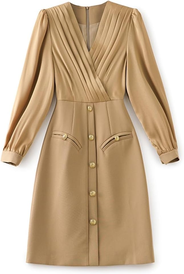 JSEIAJB French Hepburn V-Neck High Waisted Slimming Patchwork Dress for Workplace Women in Autumn and Winter