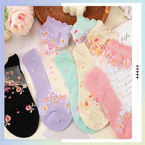 6 Pairs Women Summer Socks Mesh & Lace Ankle Socks - Transparent Floral & Fishnet Designs 7