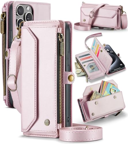 For iPhone 15 Pro Max Case, Crossbody Wallet Phone Case with RFID Blocking Kickstand, Anti-Drop Wireless Charging Card Slots, PU Leather Shoulder Bag Clutch Adjustable Strap, Pink for Women