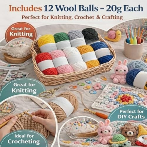 Image of 12 Pcs Multicolor Knitting Oon Yarn Set for Crochet & Craft Projects Soft Acrylic Wool Thread Bundle Assorted Bright Colors for DIY Knitting Weaving Embroidery Pom Pom Making