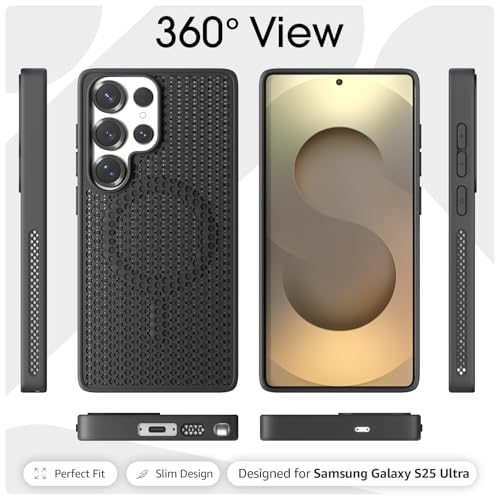 Image of Outlouders Back Cover for Samsung Galaxy S25 Ultra 5G | Honeycomb Cooling Design | Silicone Heat Dissipation | Mag-Safe Compatible | Shockproof Camera Protection Bumper Case (Black Mag-Safe)
