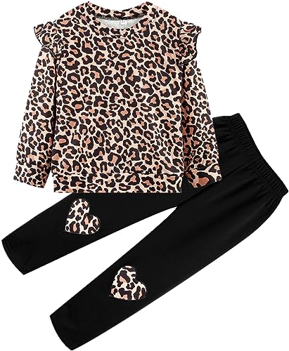 zarmfly 2-teiliges Set für kleine Mädchen, langärmeliges Sweatshirt + Leggings, Hose, Herbst-Winter-Kleidungs-Set, 2–10 Jahre, Leopard/Braun, 6-7 Jahre