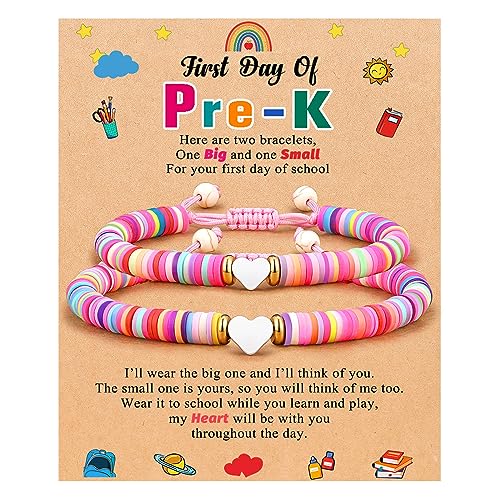 Image of First Day of Kindergarten /Pre K /School Mother Daughter Bracelets Matching Heart Wish Bracelet Set for 2 Gifts