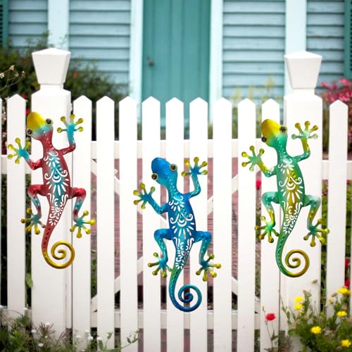 SOTALING Gecko Decor Set of 3 Metal Handmade Flowers Hollow Out Lizard Design Wall Decor for Home, Patio, Porch, Garden — view 2