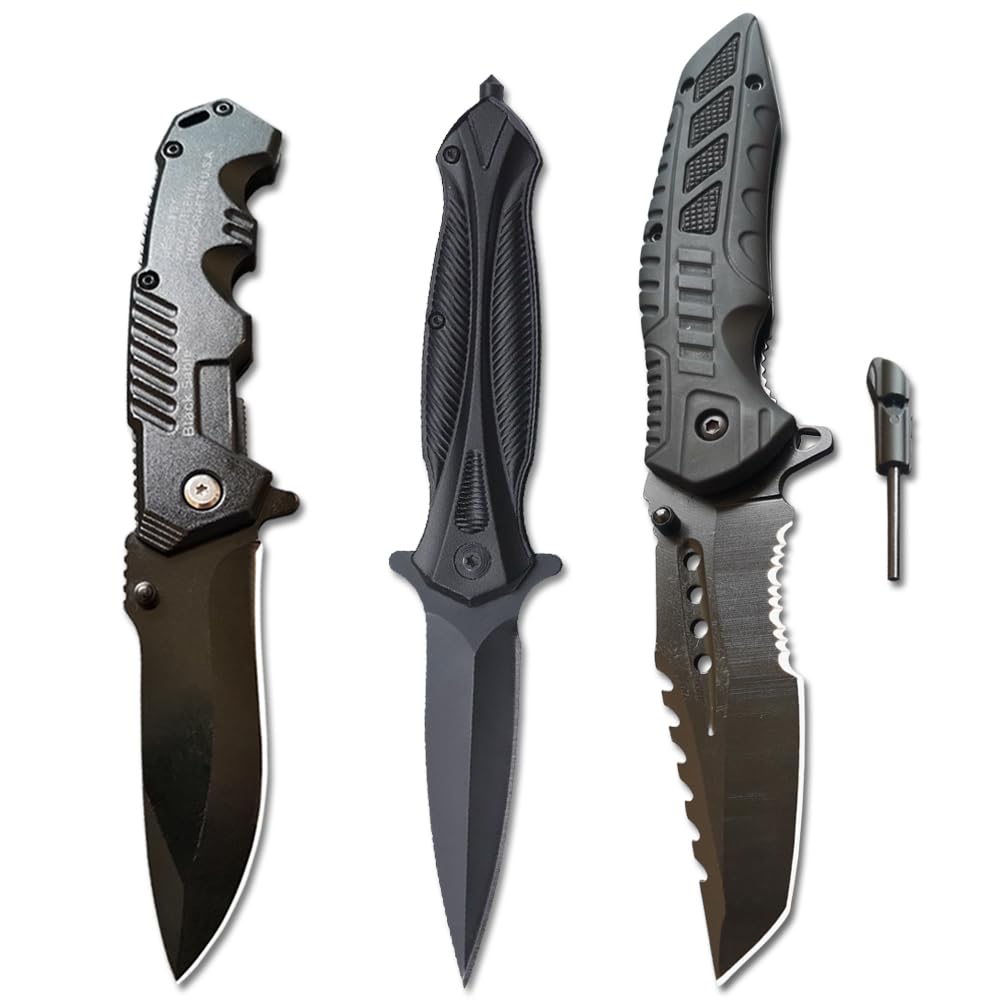 DOOM BLADE 3Piece Pocket Folding Knives Set,440C Stainless Steel Blade,Liner Lock,Tactical Camping Folding Knives Belt Clip,Lightweight,Womens Dad Father Gift,For Outdoor, Hunting, Fishing ,Camping (Type-1)