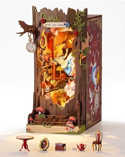 ROBOTIME Book Nook Kits Fall into Wonder Miniature House Decorative Bookend with LED Light Fantasy Fairy Tale Bookshelf Decor DIY Wooden Craft Puzzle Kit Birthday Graduation Gift for Adults Girls