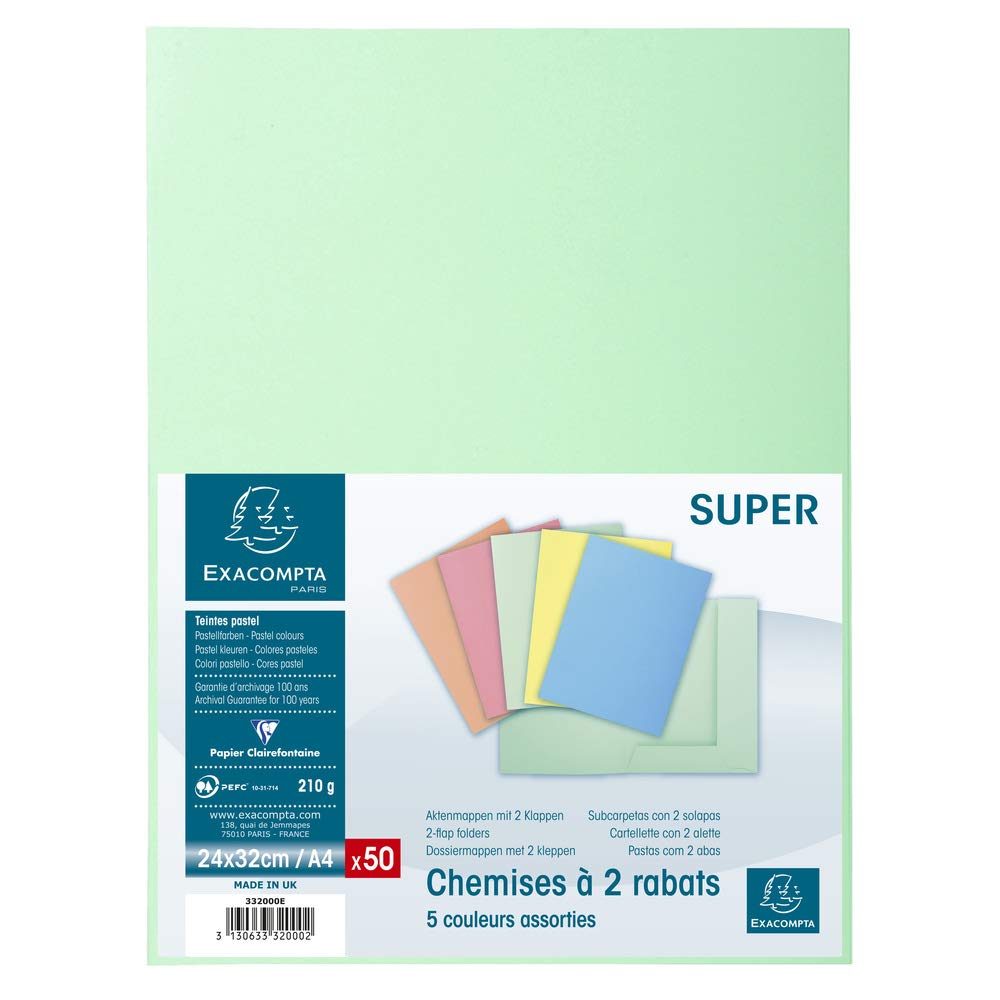 Exacompta - Réf. 332000E - Paquet de 50 chemises rigides avec 2 rabats SUPER 210 g/m² - couleurs pastel - chemises certifiées PEFC™- dimensions 24x32 cm pour documents format A4 - 5 couleurs assorties