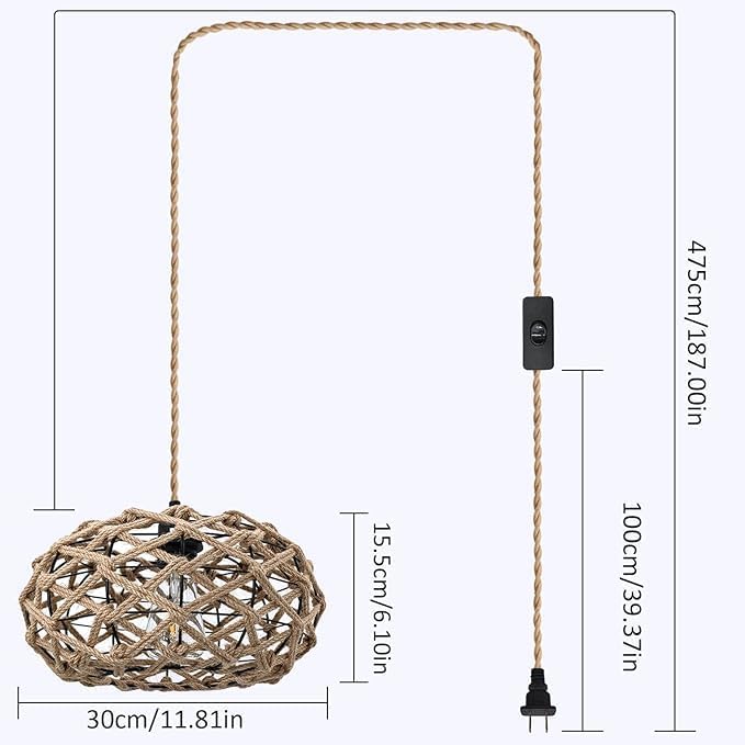 Miniatura 2 de Lámpara colgante de ratán tejida a mano con cuerda de cáñamo de 15 pies de encendidoapagado, cesta de jaula costera bohemia para sala de estar,