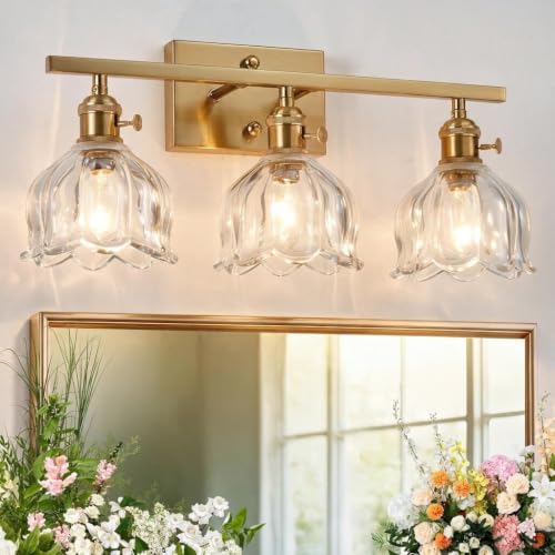 Image of 3-Light Vintage Bathroom Vanity Light, 19.4 inch Brass Hardwired Wall Sconce with Amber Tulip Glass Shades, Brushed Gold Vanity Light for Mirror, Restroom, Bedroom (Clear, 3-Light)