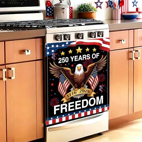 Image of 4th of July Patriotic Dishwasher Magnet Cover, 250 Years Anniversary Dishwasher Magnet Covers American Flag USA Dishwasher Sticker Summer Dish Washer Magnets Kitchen Refrigerator Fridge Panel Decal