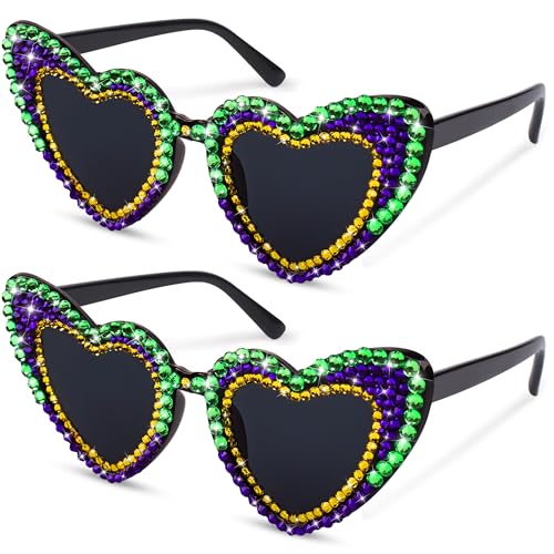 Suwaoo 2PCS Mardi Gras Glasses - Heart Shape Mardi Gras Sunglasses with Rhinestone for Women Carnival Costume Accessories Outfit for Parade Throws Party Supplies