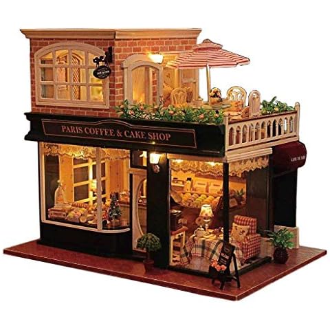 Architecture Model Building Kits with Furniture LED Music Box Miniature Wooden Dollhouse Romantic Cafe Series 3D Puzzle Challenge Cover