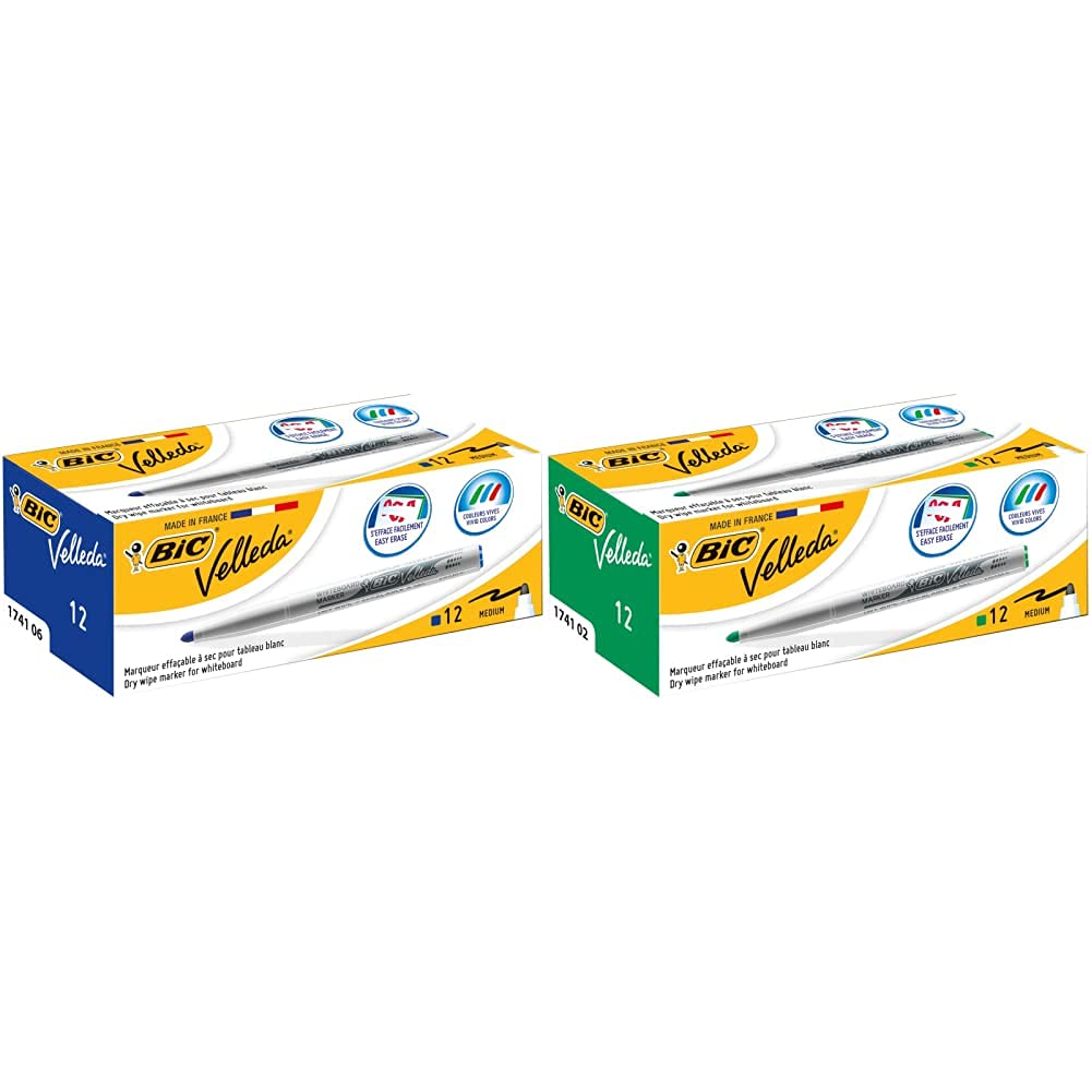 BIC Velleda 1741 Marcadores de Pizarra Punta Media (4,5mm) para pizarra blanca Azul, Caja de 12 Unidades + Velleda 1741 Caja de 12 unidades, marcadores de pizarra punta media, color verde
