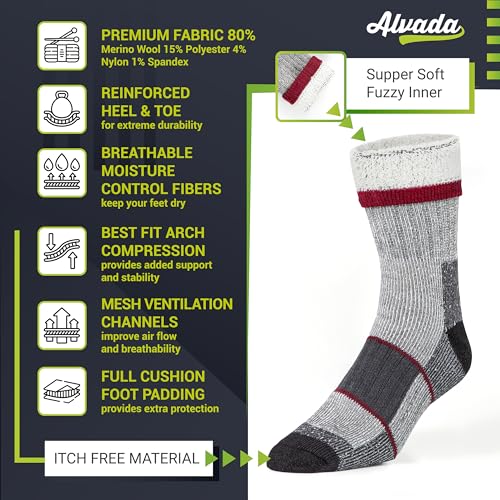 Image of Alvada Merino Wool Hiking Socks Thermal Warm Crew Winter Boot Sock For Men & Women 3 Pairs
