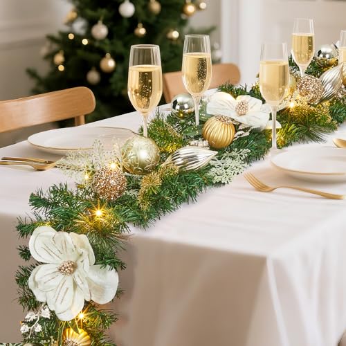GarveeHome 6FT Christmas Garland with Lights, Prelit Christmas Garland for Mantle with 20 LED Lights Timer Gold Balls Magnolia Flower, Indoor Outdoor Xmas Garland for Fireplace Holiday Decorations
