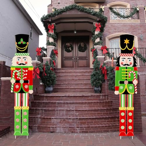 Gisafai 2 Pcs 6ft Large Metal Christmas Nutcracker Outdoor Decoration Giant Nutcracker Yard Sign with Stakes Christmas Yard Decor for Pathway Lawn Walkway Holiday Party